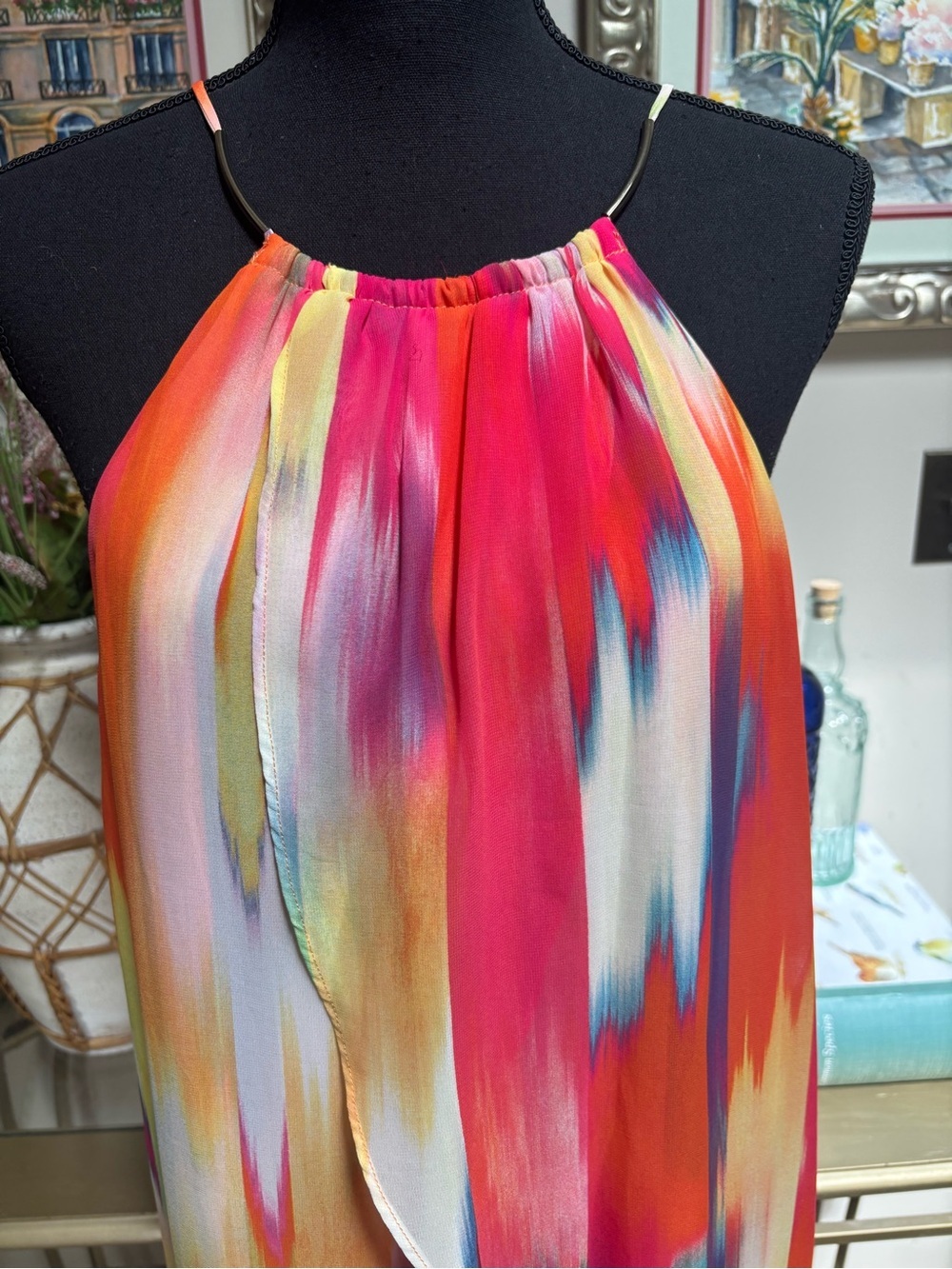 BISOU BISOU Vibrant Multi-Color Halter Layered Mini Dress Sheer Chiffon Size 14 - Picture 4 of 9